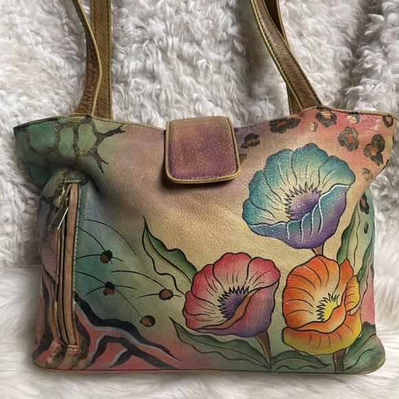 Anuschka Hand Painted Leather Medium Tote Floral Double Handle. - Picture 3 of 15